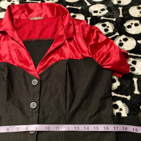 LIBIAN Vintage red satin and black short-sleeve blouse w/ belt ~  LARGE XL shirt - Picture 8 of 13